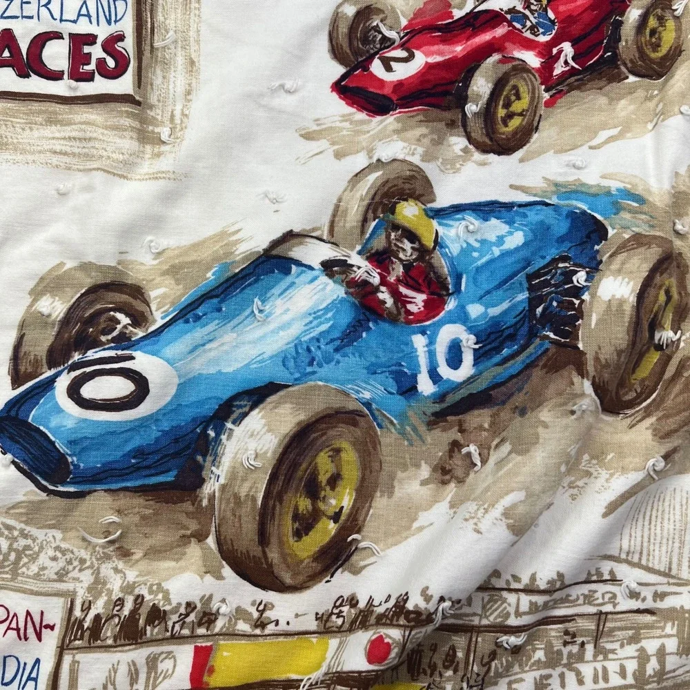 VTG 60s Grand Prix Race Car Hand Tied Quilt Blanket 51x87 Novelty Cotton Textile
